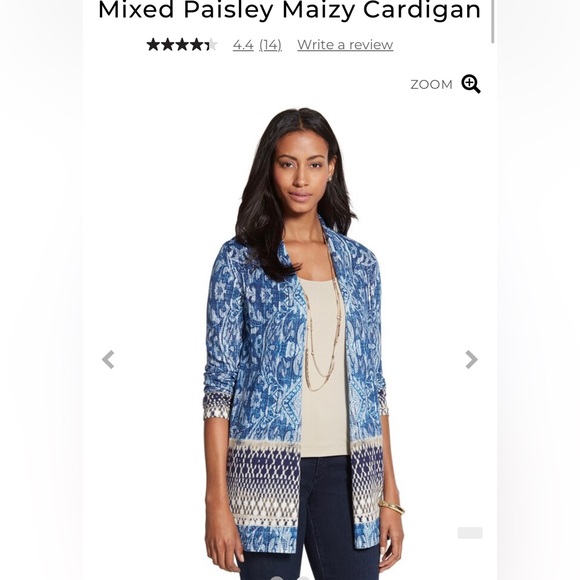 CHICOS Mixed Paisley Maizy Cardigan Sweater Long Blue Ivory Open Front Thin Knit - Picture 9 of 14